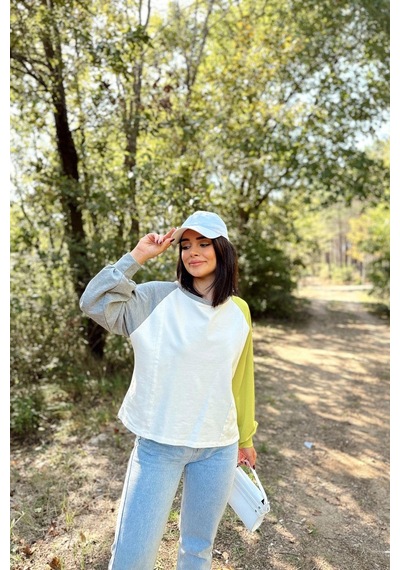 WeShaya Kadın Beyaz Uzun Balon Kol, Yuvarlak Yaka, Kolları Double Color Block Basic Sweatshirt Bluz Beyaz