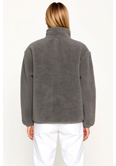 Benerly Kadın Dik Yaka Düşük Kol Tam Fermuarlı Peluş Sweatshirt Fonksiyon Antrasit