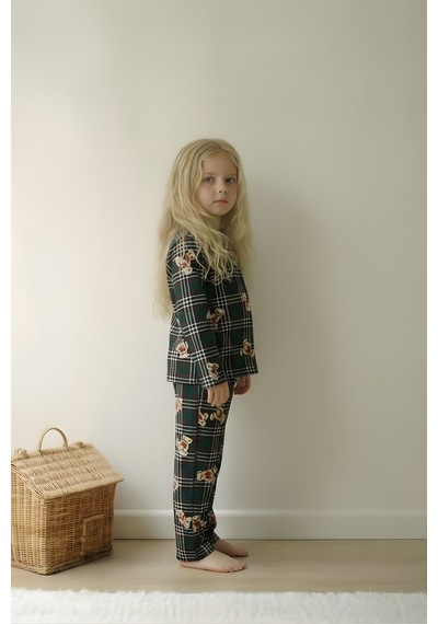 Esila Kids Kız Çocuk Pijama Takımı Uzun Kollu Ayıcık Desenli Yeşil