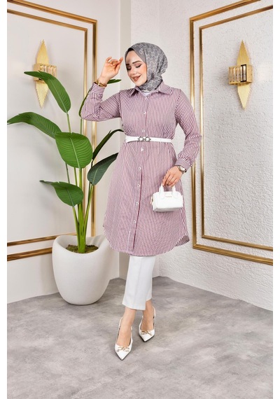 Harman Butik Kemerli Çizgili Keten Gömlek Mor Mor