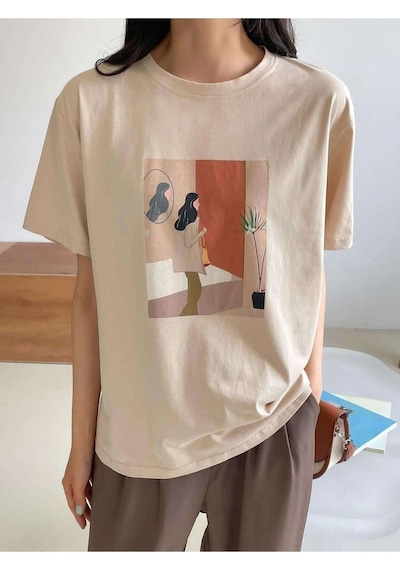 Kadın Bej Kadın Figür Baskılı Oversize Bisiklet Yaka T-shirt 001