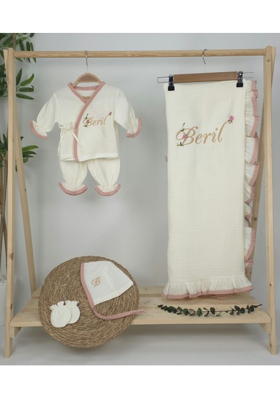 Gros Shop Müslin Yeni Doğan 4katlı Organik %100pamuk Kişiye Özgü Nakışlı Hastane Çıkış Seti Pudra Biyeli-1 Ekru