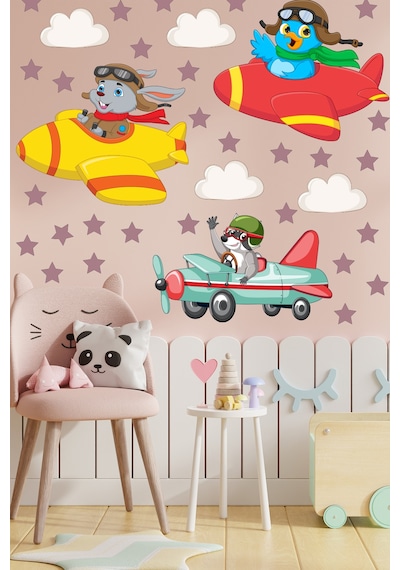 Sevimli Pilot Hayvanlar ve Yıldızlar Çocuk Odası Duvar Sticker