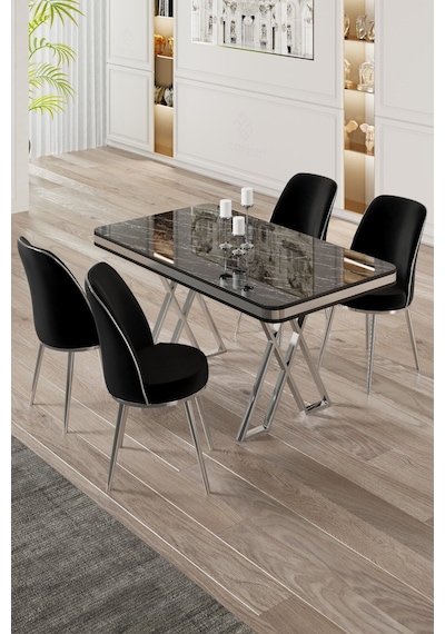Canisa Vals Serisi 80x130 Lak Panel Siyah Mermer Desen Masa Takımı Krom Ayaklı 4 Siyah Sandalye Masa Siyah Mermer Desen Sandalye Siyah Canisa Vals Serisi 80x130 Lak Panel Siyah Mermer Desen Masa Takımı Krom Ayaklı 4 Siyah Sandalye Masa Siyah Mermer Desen Sandalye Siyah