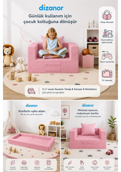 Cozygo Katlanabilir Çocuk Koltuğu Ve Yatağı 3 Ü 1 Arada Antislip Tabanlı Taşınabilir Oyun Alanı Pembe