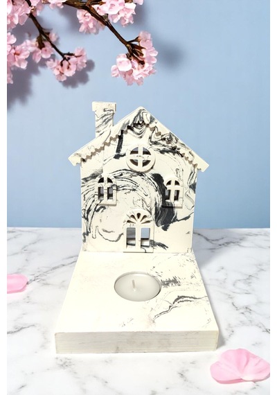 Meremer Desenli Dekoratif Tealight Mumluk - Ev Şeklinde Mumluk Tealight Mum Dahildir Beyaz -  Siyah