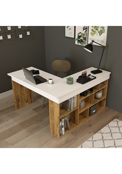 Robinhome Robin Home Boston Kitaplık Raflı Çalışma Masası L Masa Ofis Çalış Beyaz