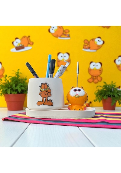 Dekoratif Sevimli Garfield Baskılı Kalemlik Ve Garfield Notluk Seti Renkli
