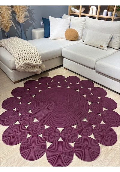Mavaux Papatya Hasır Jüt Çiçek Desenli Kilim Halı Mürdüm