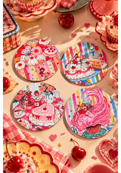 Sweet Wonderland, Tatlı Dünyası - Renkli Retro Tatlı Temalı 4 Lü Bardak Altlığı Set 9 Cm, 3 Mm Ahşap Mdf, Dijital Baskı - 930466748 Diğer