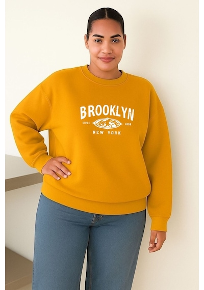Benroma Brooklyn Baskılı Büyük Beden Unisex Sweatshırt Sarı