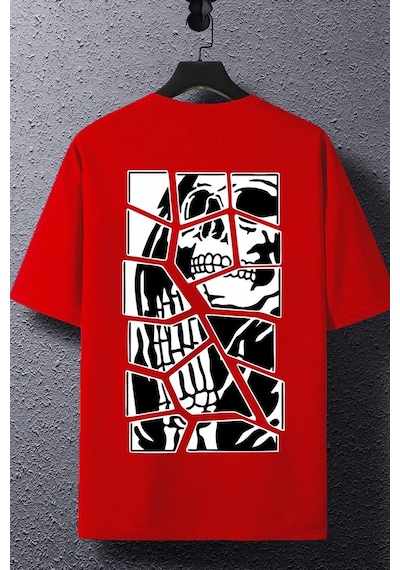 Unisex Skullcracked Baskılı T-shirt Kırmızı