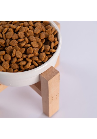 Beyaz Ahşap Standlı Seramik Mama/ Su Kabı Kedi Köpek Mama Su Kabı