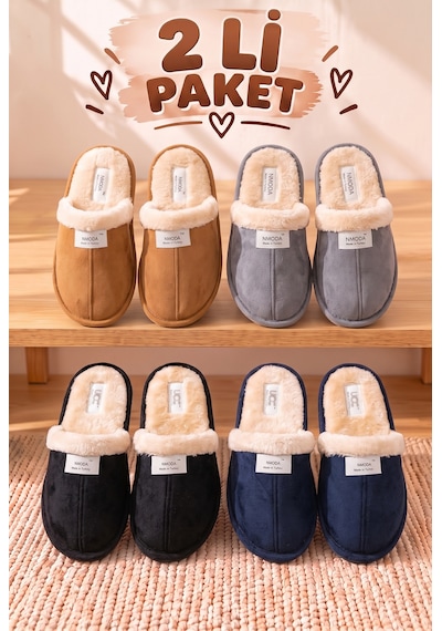 Stwenn 2'li Karma Erkek Kadın Avantajlı Paket Peluş Ev Terliği Kapalı Burun Arkası Açık Sıcak Rahat Panduf 2 Li Ucc Terlik