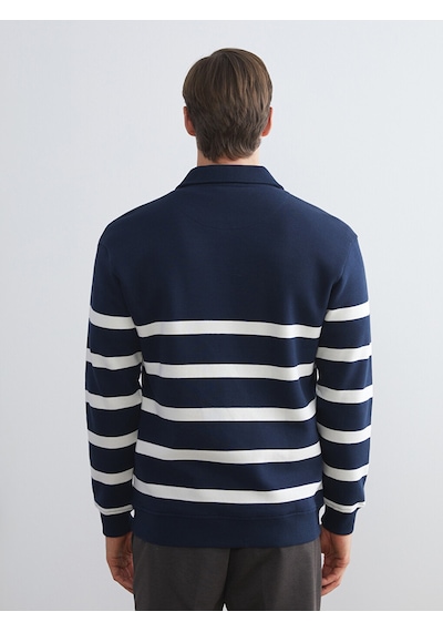 Lcw Vision Lacivert Polo Yaka Uzun Kollu Çizgili Erkek Sweatshirt