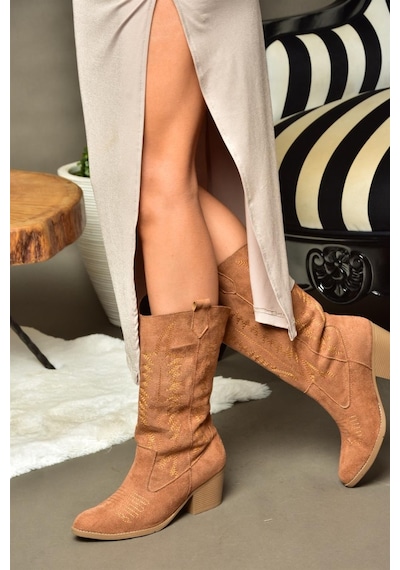 Fox Shoes R973934002 Taba Süet Kovboy Model Kadın Çizme Taba