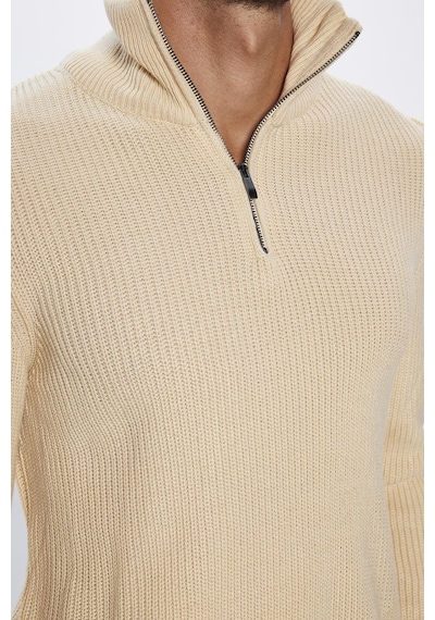 Tudors Erkek Slim Fit Dar Kesim Dik Yaka Fermuarlı Bej Triko Kazak-26254-bej Bej