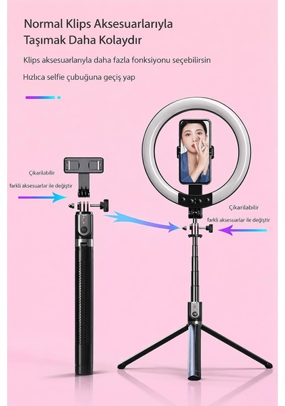 Rgb Halka Işık Uzun Tripod Selfie Çubuğu 1.9m-1200 Mah Şarjlı Kumandalı Ring Light Telefon Tutucu
