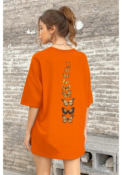 Kelebek Baskılı Oversize Unisex Tişört Turuncu