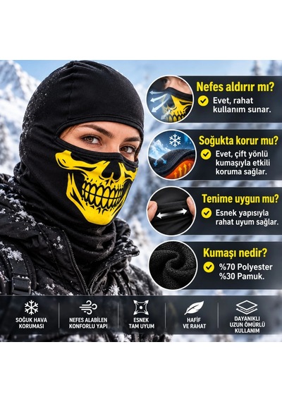 Unisex Sarı Kurukafa Desenli Balaklava Kar Maskesi Siyah Tam Yüz Boyunluk Motosiklet Outdoor Maske