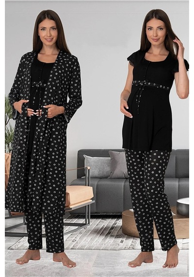 Effortt Dvina Lohusa Hamile Desenli Sabahlıklı Ve Kısa Kollu Pijama Takımı -3'lü Set - Siyah Siyah