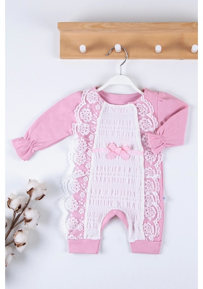 Babydonat Gofralı Fransız Güpürlü % 100 Pamuk Kız Bebek Tulumu Pembe