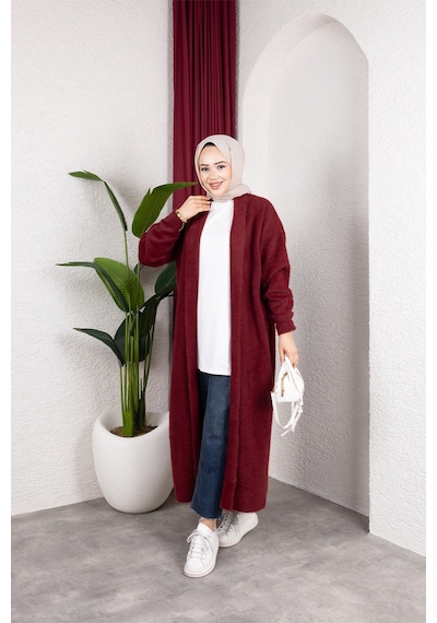 Hira Life Fashion Kadın Şal Yaka Uzun Triko Ve Sakallı Tüylü Hırka Bordo Bordo