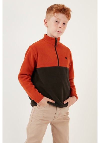 Lela Yumuşak Dokulu Yarım Fermuarlı Renk Bloklu Dik Yaka Unisex Çocuk Polar 5905004 Orange-Antrasit