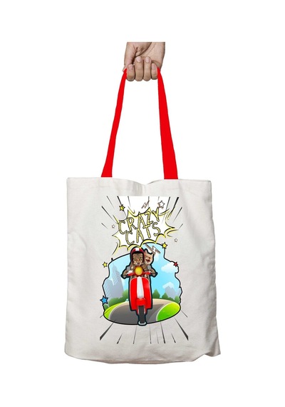 Art Hediye Kırmızı Kulplu Crazy Cats Çılgın Kedi Yıkanabilir Omuz Çanta Çok Renkli