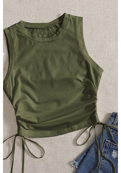 Merry See Yanları Büzgülü Kolsuz Bluz Crop Top Atlet Yeşil