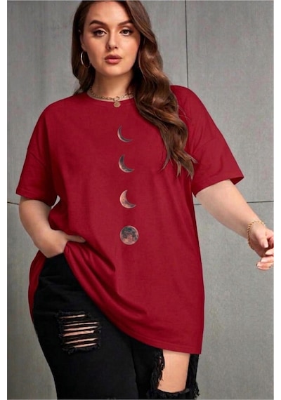 Moon Kadın Büyük Beden Battal Baskılı Bisiklet Yaka Pamuklu T-shirt Rahat Kesim Unisex Sevgili Kombini Kirmizi Moon Kadın Büyük Beden Battal Baskılı Bisiklet Yaka Pamuklu T-shirt Rahat Kesim Unisex Sevgili Kombini Kirmizi