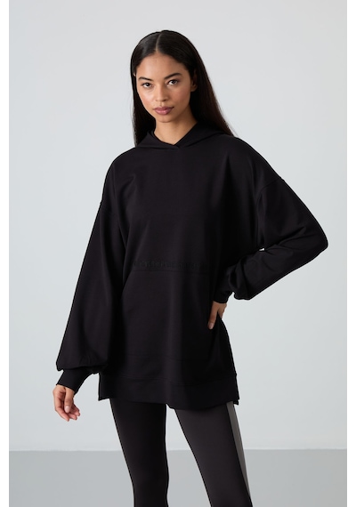 Tommy Life Siyah Balon Kol Yazı Nakışlı Kadın Oversize Tunik Sweatshirt - 97163 Siyah