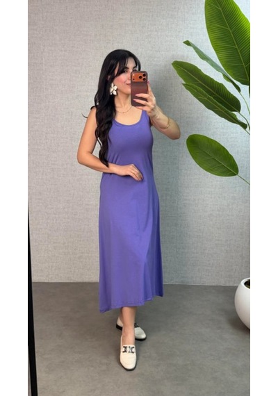 Efnaz Style Kadın Askılı Yuvarlak Yaka Süprem Kumaş Elbise Lila