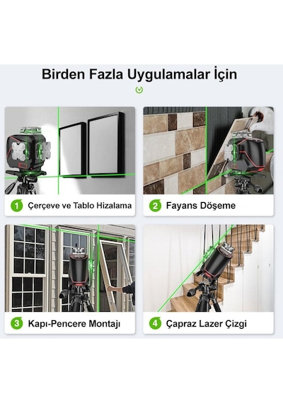 Kobb Kbl36gtp Profesyonel Li-ion Şarjlı 4x360⁰ Lcd Ekran Otomatik Hizalamalı Yeşil Çapraz Çizgi Lazer Distomat + Uzaktan Kumanda + Tripod + Taşıma Çan