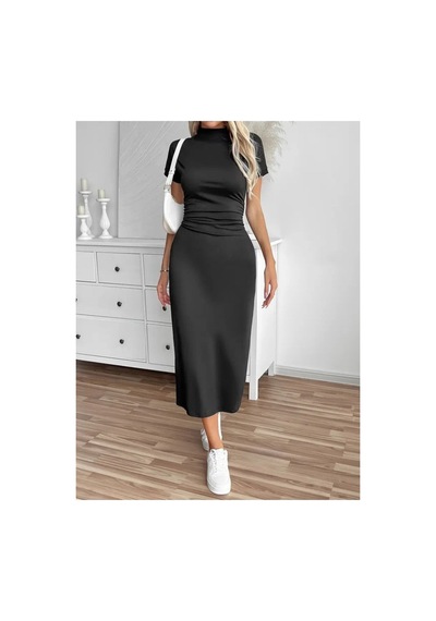 Butik İstanbul Kadın Yarı Balıkçı Yaka Yırtmaçlı Dalgıç Midi Elbise Siyah
