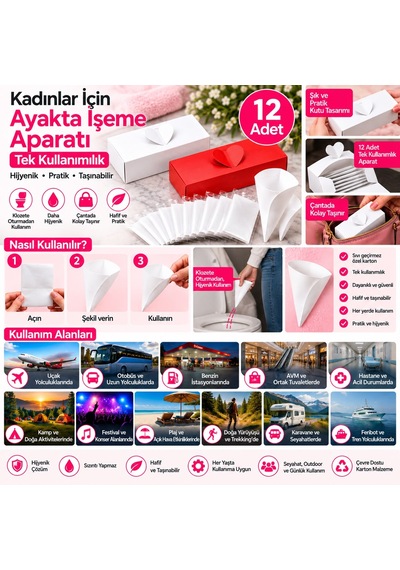 Kadın Ayakta İşeme Aparatı 12'li Tek Kullanımlık Kadın Pisuvarı, Hijyenik Tuvalet Ve Seyahat Aparatı