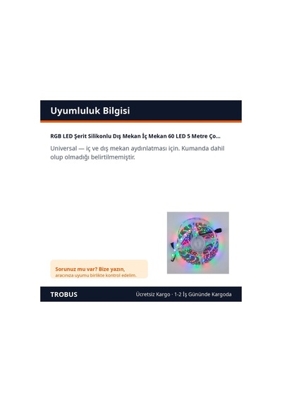 Trobus Rgb Led Şerit Silikonlu Dış Mekan İç Mekan 60 Led 5 Metre Çok Renkli