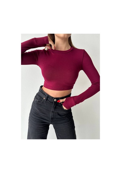 Asur Boutique Asur Butik Kadın Parmak Geçirme Detaylı Crop Bluz Bordo