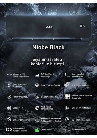 Eca Niobe Black Wifi 18.000 Btu A++ Inverter Klima Montaj Dahil