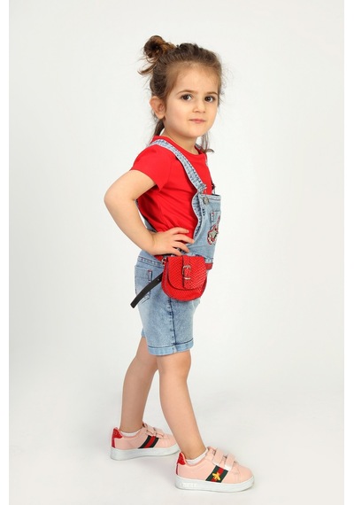 Toontoy Kids Kız Bebek Salopet Çantalı Gitar Nakışlı Kot Kırmızı