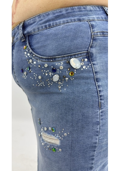 Zanessi Fashıon Büyük Beden Denim Taşlı Kalem Etek Mavi