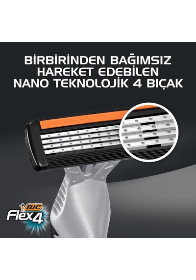 Flex 4 Erkek Tıraş Bıçağı 3'lü Blister 4 Bıçak , Birbirinden Bağımsız Hareket Edebilen 4 Bıçak, Oynar Başlık, Aloe Vera İle Zenginleştirilmiş Kayganlaştırıcı Jel Şerit