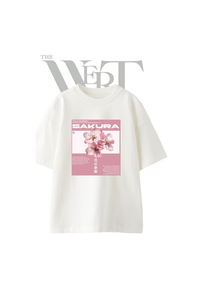 Thewert Pembe Sakura Tasarım Baskılı Ünisex Beyaz Oversize T-shirt