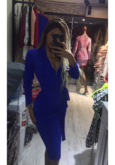 Pink Life Saks Mavi Dalgıç Fermuar Detaylı Midi Elbise Saks Mavi