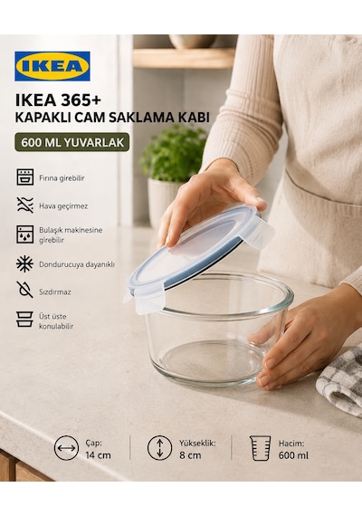 Trev Saklama Kabı Cam 600 Ml Yuvarlak Vakumlu Sızdırmaz Hava Geçirmez Plastik Kapaklı Şeffaf Gıda Saklama Kabı