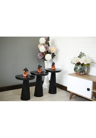 Wood Ahşap 3 Lü Set Siyah Renk Fitilli Mantar Yan Sehpa Modern Fiskos / Çiçeklik / Zigon Sehpa Siyah