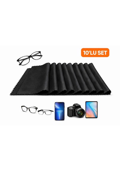 Gözlük Temizleme Bezi, Siyah, 10'lu Set, Mikrofiber Kumaş, Telefon Kamera Tablet Ekran Temizleme