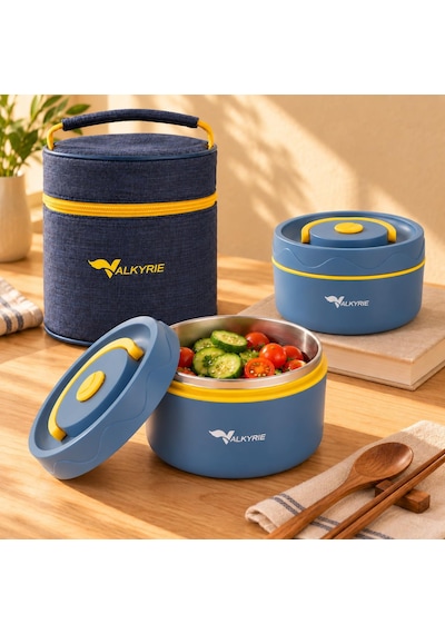 Valkyrie 2 Katlı Taraftar 304 Paslanmaz Çelik Yemek Termosu 420+550 Ml Isı Yalıtımlı Çantalı Lacivert