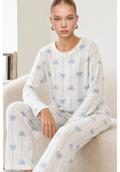 Kadın Desenli Nefes Alan Ekru Pijama Takımı 4690