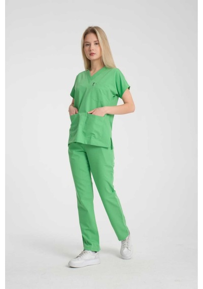 Üniforma V Yaka Fıstık Yeşil Likralı Unisex Doktor Hemşire Takım Scrubs Fıstık Yeşil